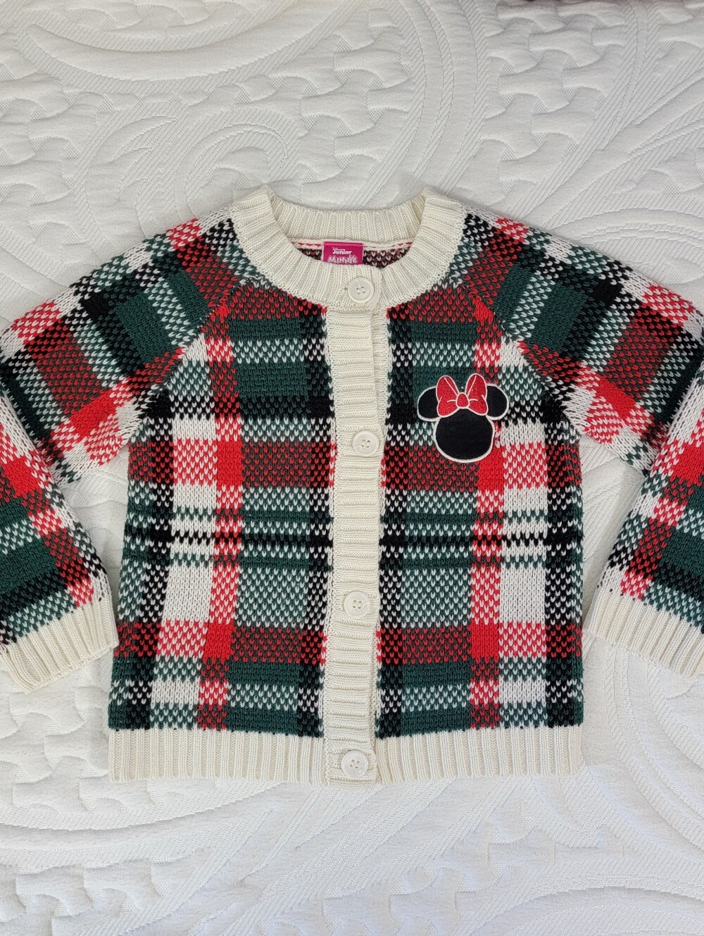 Disney Minnie Mouse Holiday Sweater 4T | Red Green Plaid Knit Christmas Cardigan - Picture 2 of 9